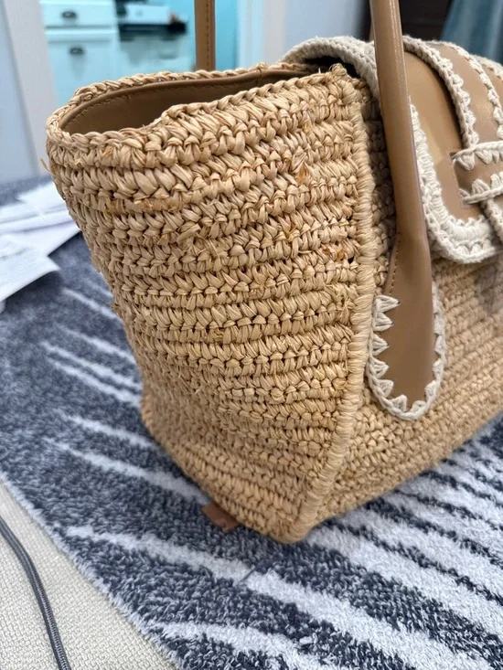 Pamela Munson “Teddy Bag” Neutral Woven Straw Tote Bag with Camel Leather Trim - Picture 7 of 8